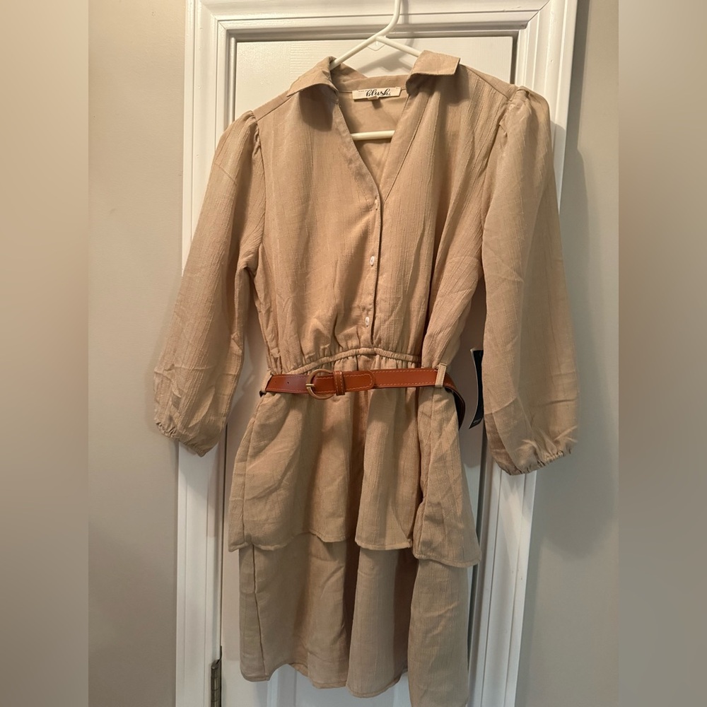 NWT- Tan Dress by Blush w/belt, 3/4 sleeves- Size S